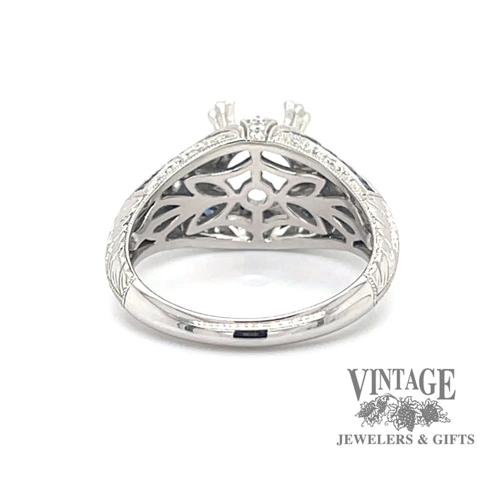 Vintage inspired platinum diamond and sapphire hand engraved ring bottom