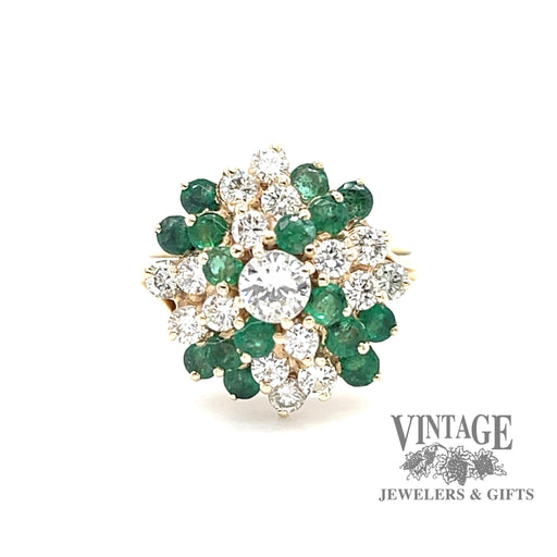 Emerald and diamond spiral cluster 14ky gold ring