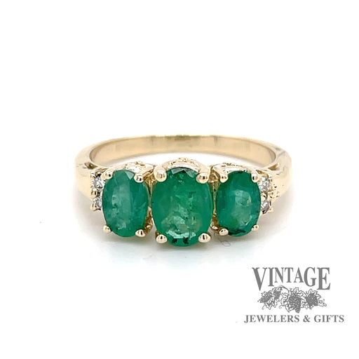 Three stone emerald and diamond 14ky ring