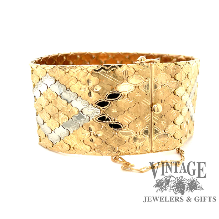 18 karat yellow gold hand engraved, solid, wide, two tone bracelet