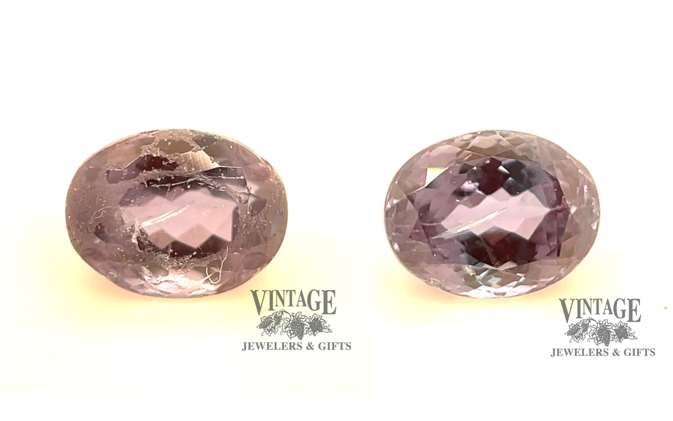 A 1.19 carat natural alexandrite. On the left after decades of everyday wear, on the right looking new again after a re-polishing.