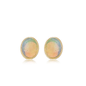 14 karat yellow gold bezel set twisted wire rim 6 X 4 mm opal pierced stud earrings
