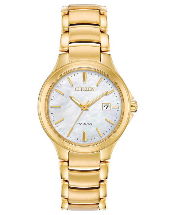 Ladies mother-of-pearl dial Eco-Drive gold tone wristwatch