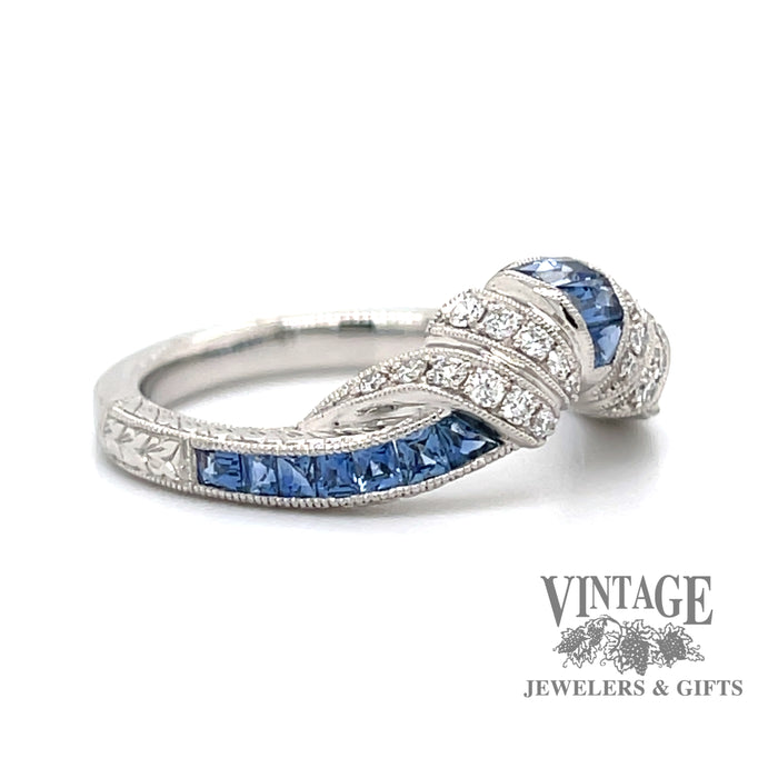 Art Deco inspired platinum sapphire and diamond shaped band, angled view