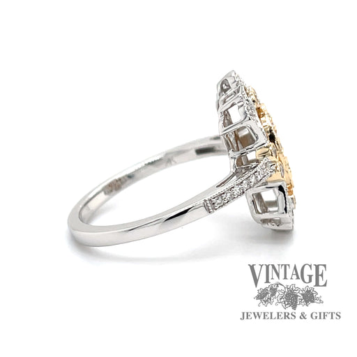 14 karat two tone .50ct vintage inspired diamond cluster ring, side view