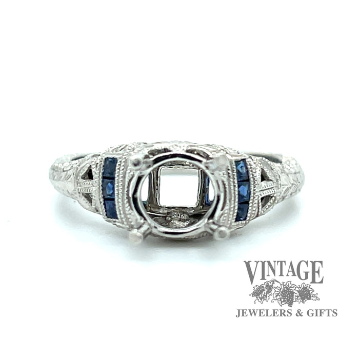 Hand Engraved platinum and sapphire vintage inspired ring