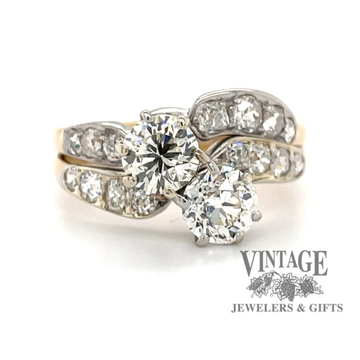 14 karat yellow and white gold 2.38 carat total weight diamond two stone vintage bypass ring