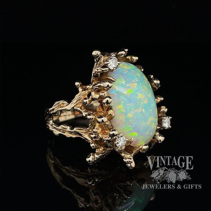14 karat yellow gold 5ct opal and diamond rustic ring, angled view