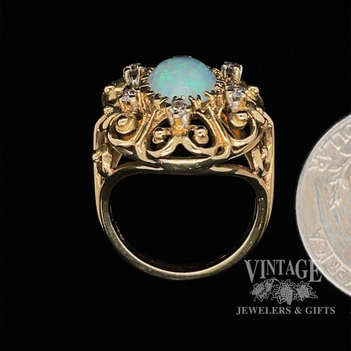 Opal and diamond 14ky gold scroll ring quarter for scale