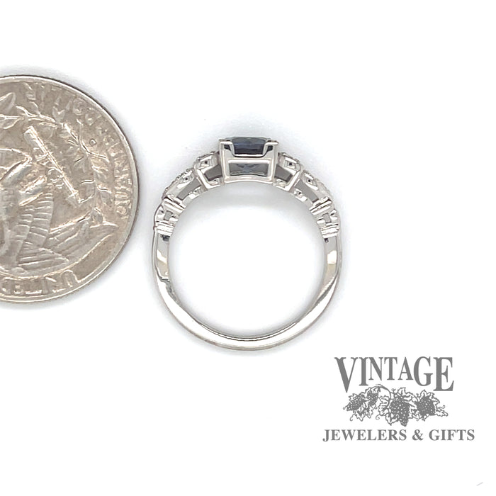 14 karat white gold 1.2 carat Lab-made Alexandrite and diamond ring, shown with quarter for size reference