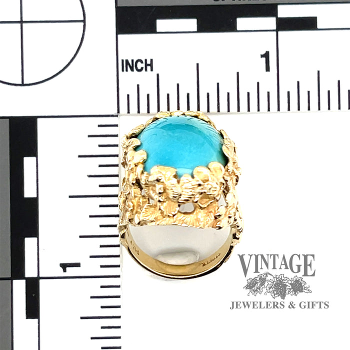 14 karat yellow gold floral design turquoise ring, showing measurements