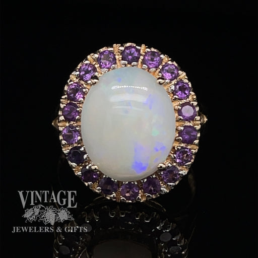 10 karat yellow gold white opal and amethyst halo ring