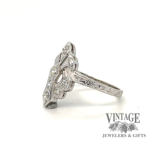 Vintage 14 karat white gold diamond ring, angled view