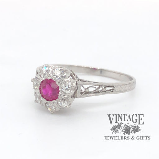 Vintage Platinum, Ruby and Diamond Filigree Ring, angled front/side view.