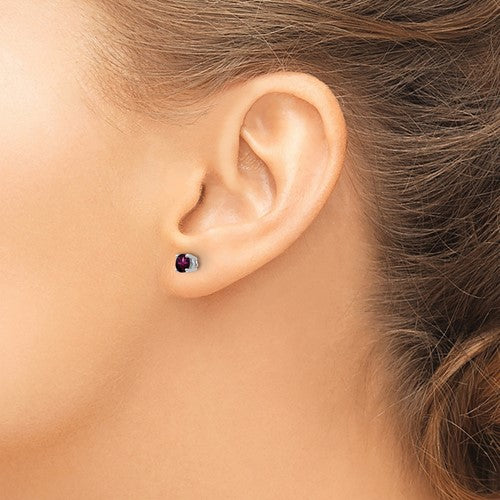 4 mm Rhodalite Garnet 14kw stud earrings on model