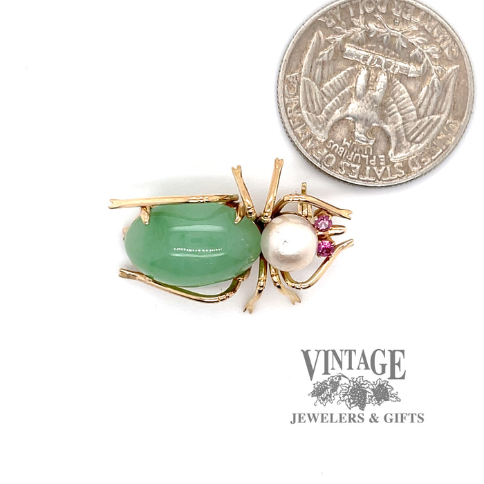 Jadeite pearl and ruby 14ky gold beetle pin