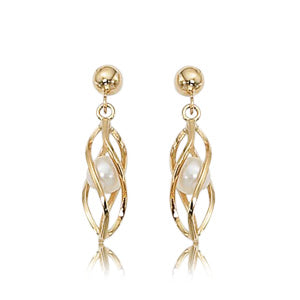 14ky gold caged pearl pierced drop earrings