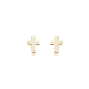 14 karat yellow gold small baby cross stud pierced earrings with screw post and protective back