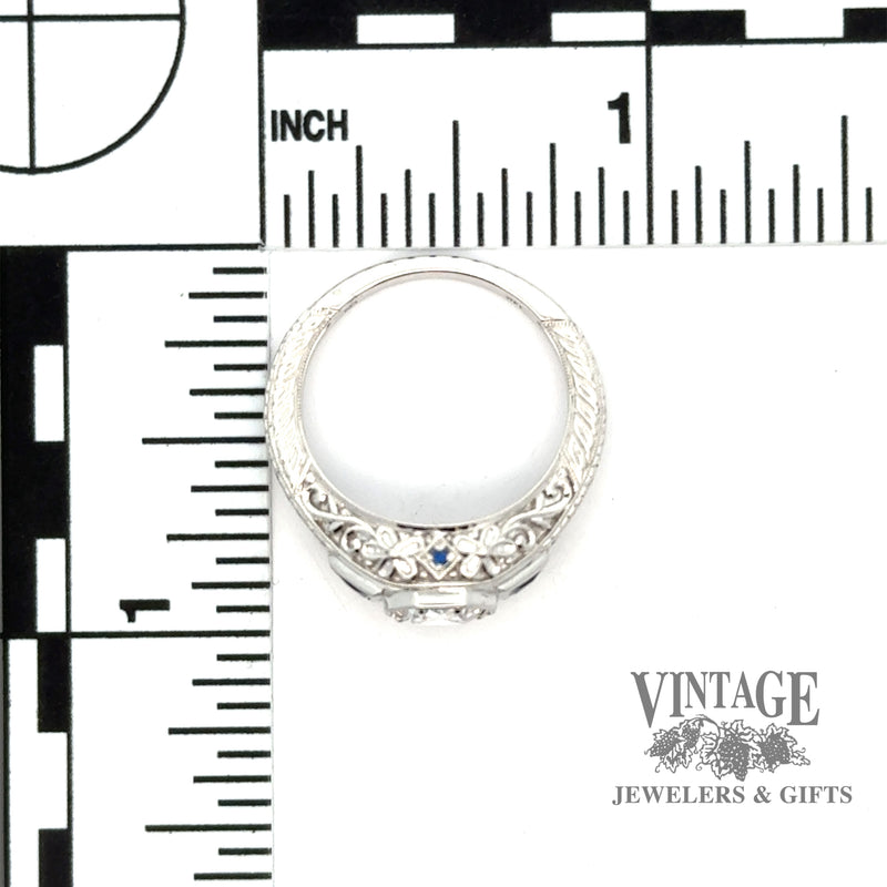 Sapphire and .70ct natural diamond filigree gallery 14kw gold ring scale