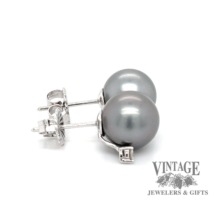 11 mm Black Tahitian pearl and diamond 18k white gold stud earrings. side