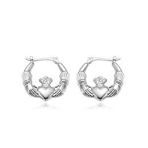14 karat white gold small Claddagh pierced hoop earrings