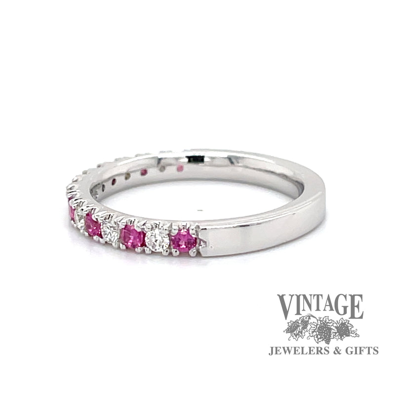 Pink sapphire and diamond 14kw gold ring stacker side