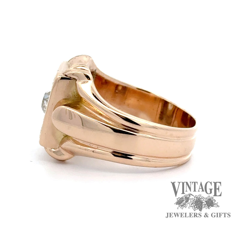 14ky gold antique hand engraved diamond signet ring, alternate side view