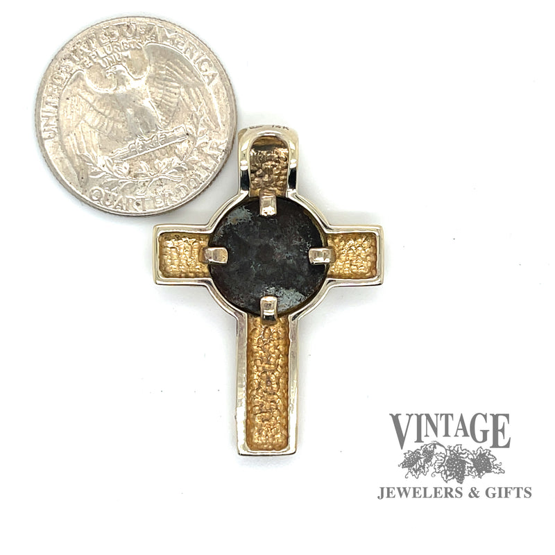 Ancient coin 14ky gold cross pendant back, scale