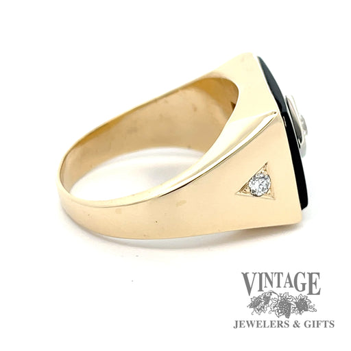 14 karat yellow gold onyx and diamond signet ring, side view