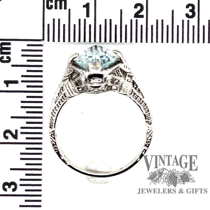 14 karat white gold antique aquamarine filigree ring with measurements