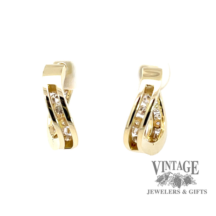 Twisted inside out 14ky gold small diamond hoop earrings