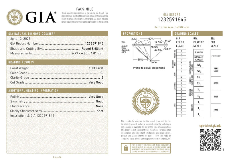 1.13 Carat Round Brilliant GIA, G color, I2 Clarity Natural Diamond GIA Report
