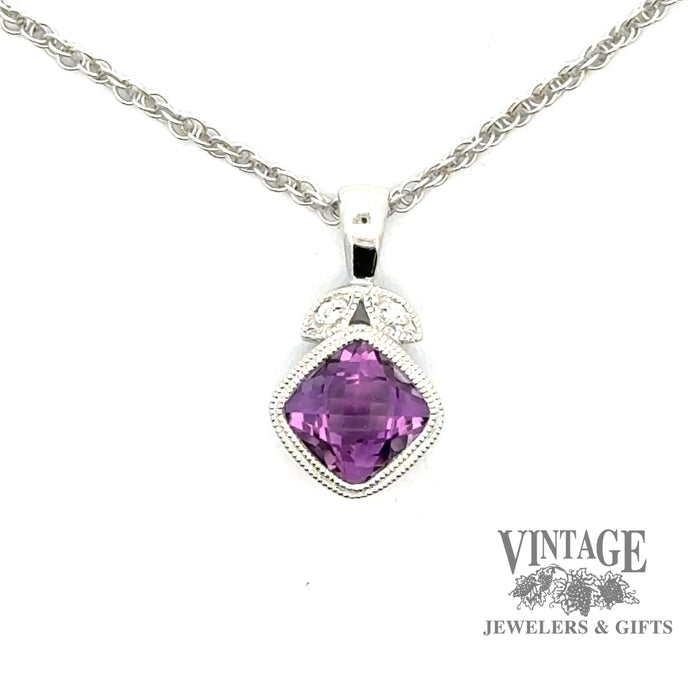14kw gold cushion shaped amethyst and diamond necklace