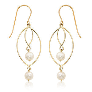 14 karat yellow gold swinging drop earrings with two freshwater cultured pearls each