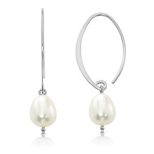 14 karat white gold simple sweep drop pierced earrings with fresh water cultured pearls