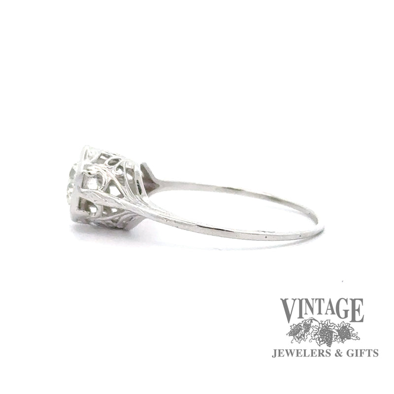 18k white gold Antique Filigree .50ct Old European Cut natural diamond ring, alternate side view