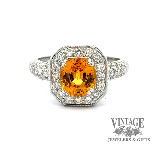 18kw gold 1.80ct Orange sapphire diamond pave halo ring