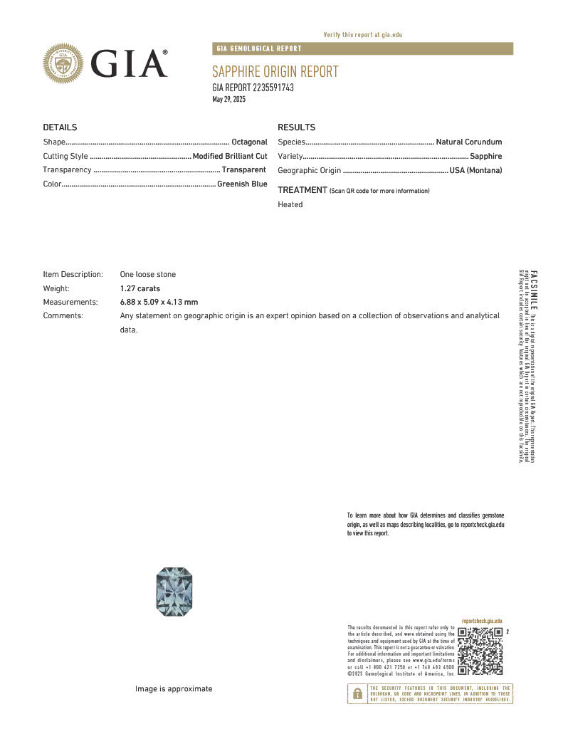 1.27 carat Radiant cut Montana Natural Sapphire