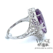 14 karat white gold antique amethyst cameo filigree ring, side view