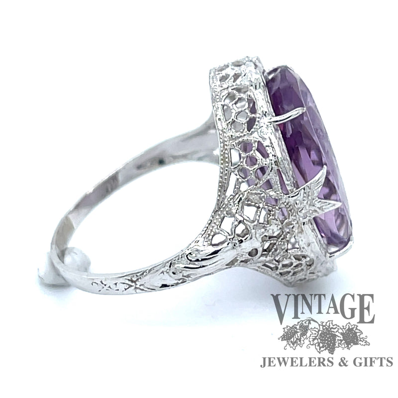 14 karat white gold antique amethyst cameo filigree ring, side view