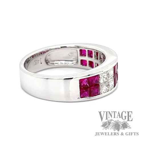 Ruby and diamond invisible set 14k white gold ring side