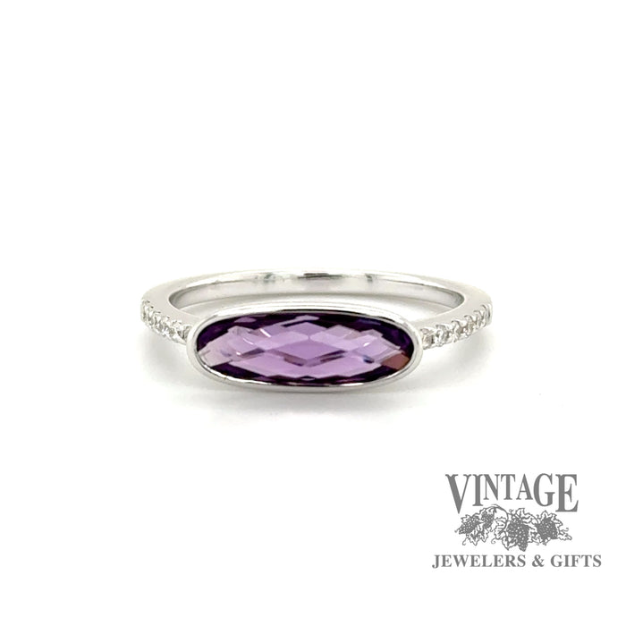 Elonaged oval amethyst and diamond east west 14kw gold ring