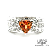 14 karat white gold Mandarin garnet (Spessartine) and diamond ring, close up
