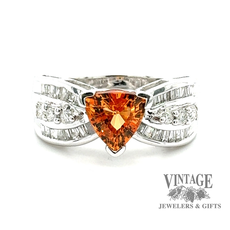 14 karat white gold Mandarin garnet (Spessartine) and diamond ring, close up