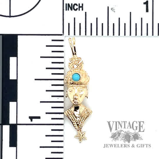 Pharaoh w/ round turquoise stone 13k gold pendant size scale 