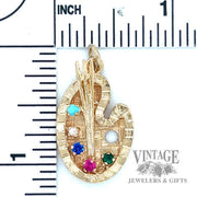 Painters Pallet  w/ multi colored stones 18k gold pendant    size and scale