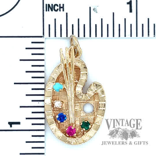 Painters Pallet  w/ multi colored stones 18k gold pendant    size and scale