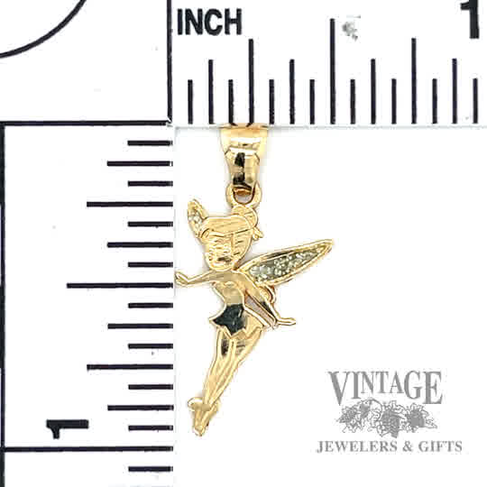 Tinkerbell w/ glittered wings 10k gold pendant size and scale