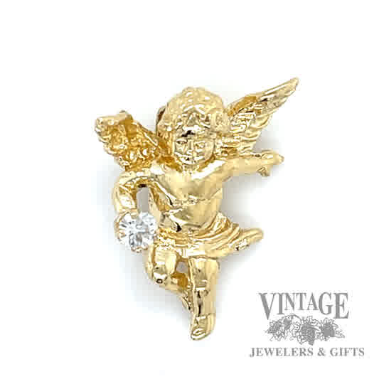 Angel w white stone 14k gold pendant