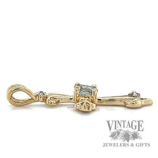 Cross w Aquamarine stone 10k gold pendant side
